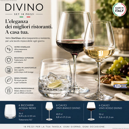 Bormioli Set Bicchieri e Calici Vino StarGlass 18 Pezzi – Variante Nexo Contemporanea o Divino Classica, Made in Italy Bormioli Luigi