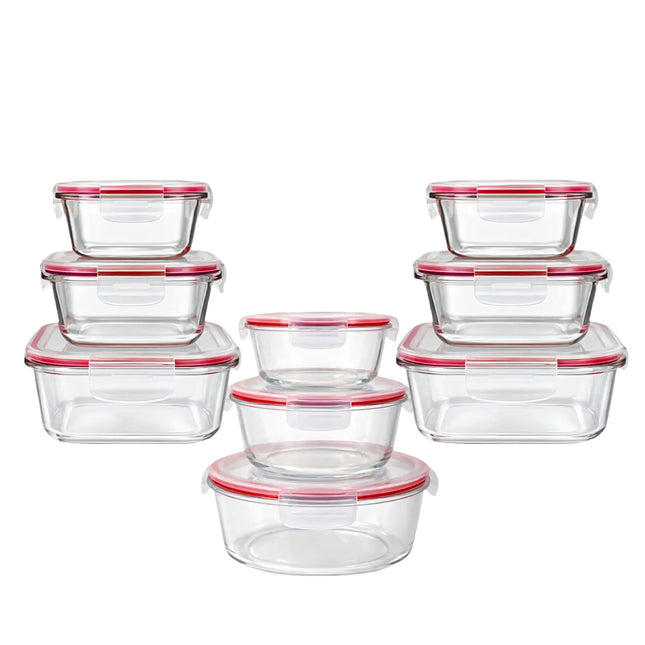 Set completo di contenitori per alimenti in vetro trasparente con guarnizioni e dettagli di colore rosso.