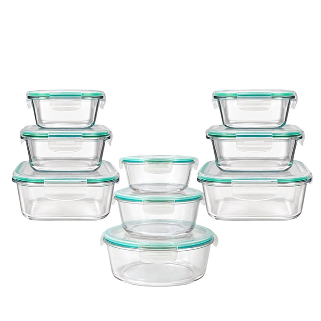 Set completo di contenitori per alimenti in vetro trasparente con guarnizioni e dettagli di colore turchese.