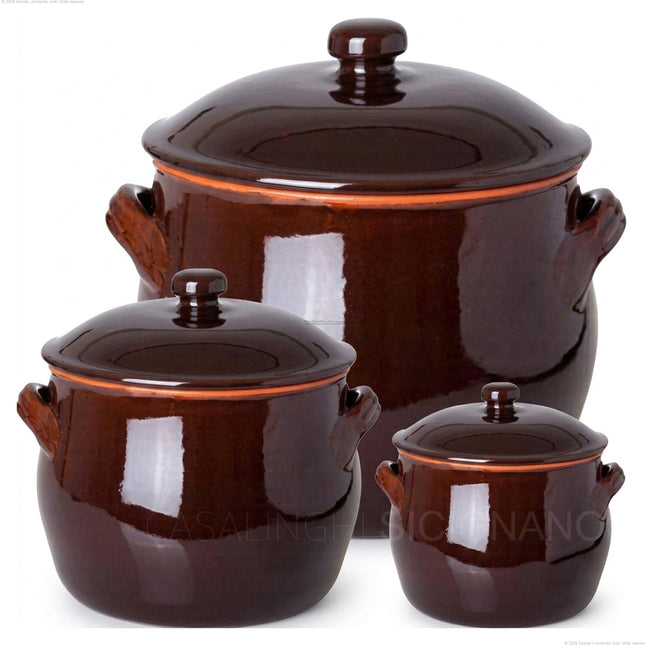 Benegiamo Pentola in Terracotta con Coperchio, Casseruola Artigianale in Ceramica per Forno e Fornello a Gas, Tegame per Legumi, Zuppe e Stufati (Misure Ø 12, 15, 18, 21, 24 cm) Benegiamo