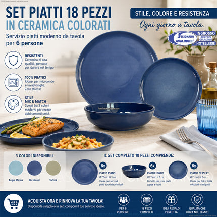 Set Piatti Font 18 Pezzi in Ceramica Colorati | Servizio Piatti Moderni da Tavola per 6 Persone | Disponibile Singolo o in Set (Blu, Tortora, Acqua Marina) Arca