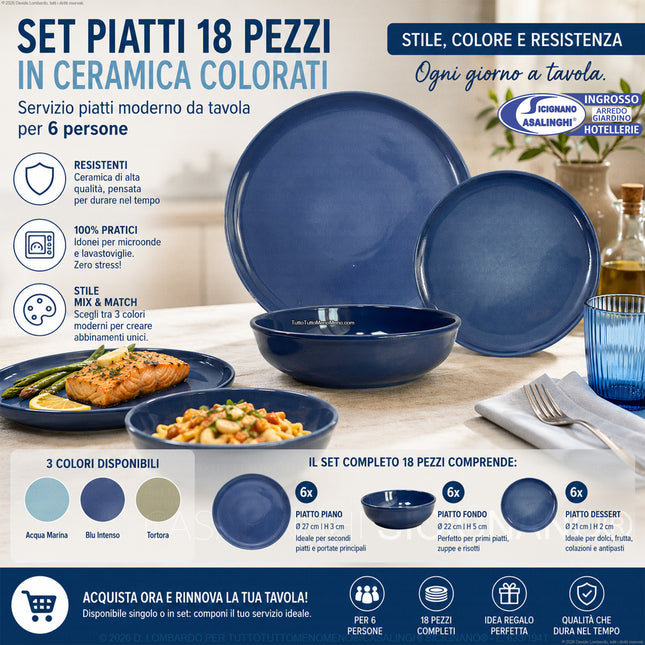 Set Piatti Font 18 Pezzi in Ceramica Colorati | Servizio Piatti Moderni da Tavola per 6 Persone | Disponibile Singolo o in Set (Blu, Tortora, Acqua Marina) Arca
