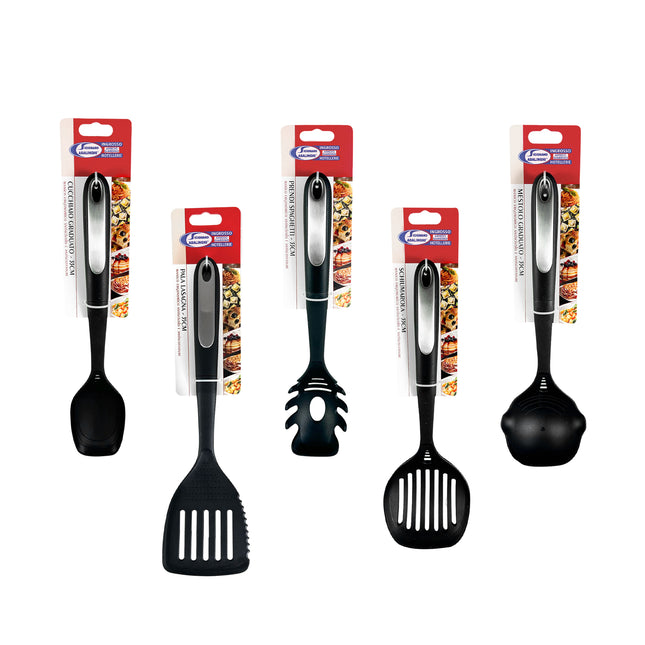 Set Utensili Cucina Nylon Nero Antiscivolo 6 Pezzi + Singoli – Manico Ergonomico Termoresistente Set utensili completo Set completo (5 utensili) Arca