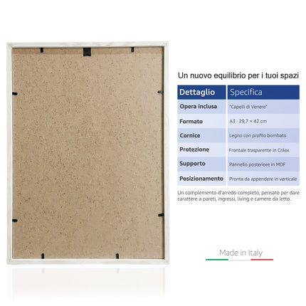 Retro di un quadro in legno con pannello in MDF e tabella informativa delle specifiche tecniche del prodotto Made in Italy.