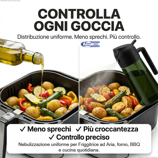 Oliera Spray Olio 2 in 1 per Friggitrice ad Aria – Dosatore Anti-Spreco Vetro Anti-UV 450ml | Spray + Versatore Cucina Sana Mercury srl