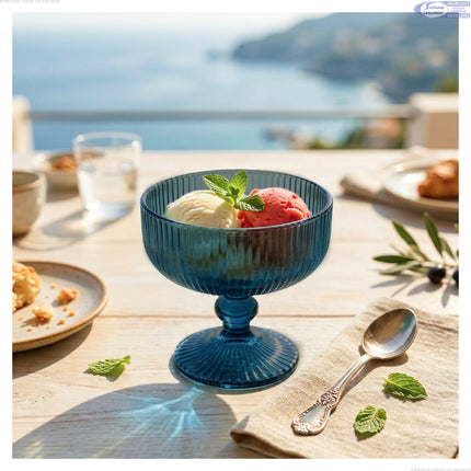 Coppa Gelato Vetro Blu Ottanio 290ml | Design a Coste Vintage | Set da 4/6 Pezzi per Dessert & Aperitivi | Elegant Aesthetic Tutto Tutto Meno Meno®