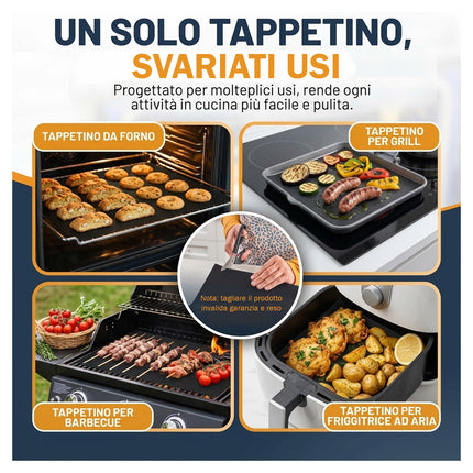 Collage fotografico che mostra l'uso del tappetino multiuso in forno, sul barbecue e all'interno di una padella.