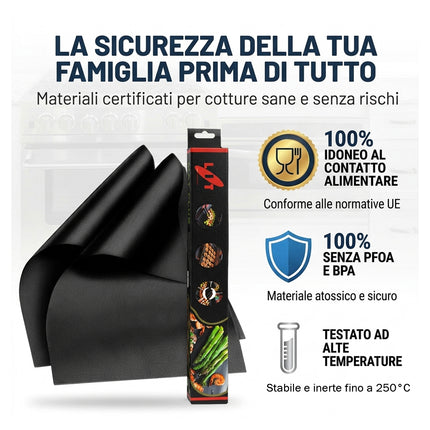 Grafica con icone che certificano il tappetino per forno 100% idoneo al contatto alimentare e privo di PFOA.