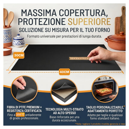 Tappetino protettivo per forno steso su un tavolo per mostrare la possibilità di tagliarlo su misura.