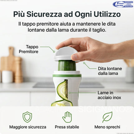 Kurly Plus Spiralizzatore Manuale 3 in 1 per Spaghetti di Verdure – Taglia Verdure Compatto con 3 Lame in Acciaio Inox e Tappo di Sicurezza Lit Gas