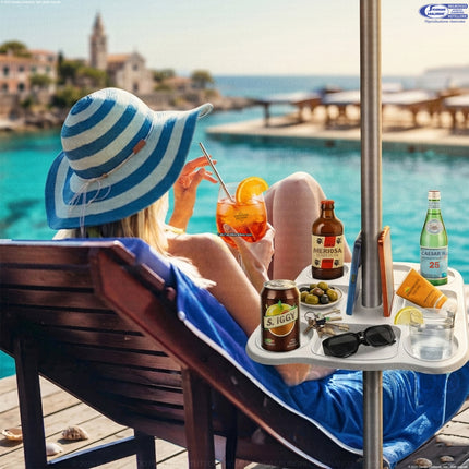 Due Esse Tavolino Vassoio per Ombrellone 37x37 cm – 8 Scomparti con Portabibite e Porta Smartphone, Foro Ø22-40 mm, Plastica Bianca per Spiaggia e Giardino Due Esse