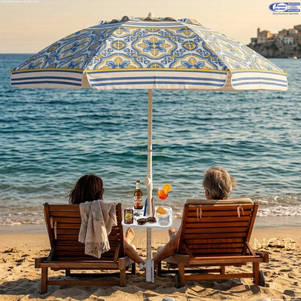 Due Esse Tavolino Vassoio per Ombrellone 37x37 cm – 8 Scomparti con Portabibite e Porta Smartphone, Foro Ø22-40 mm, Plastica Bianca per Spiaggia e Giardino Due Esse