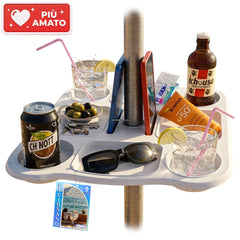 Due Esse Tavolino Vassoio per Ombrellone 37x37 cm – 8 Scomparti con Portabibite e Porta Smartphone, Foro Ø22-40 mm, Plastica Bianca per Spiaggia e Giardino Due Esse