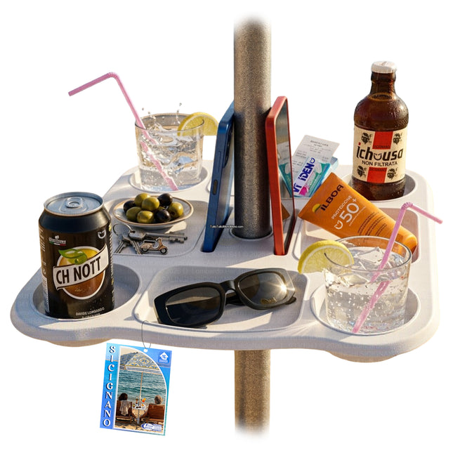 Due Esse Tavolino Vassoio per Ombrellone 37x37 cm – 8 Scomparti con Portabibite e Porta Smartphone, Foro Ø22-40 mm, Plastica Bianca per Spiaggia e Giardino Due Esse
