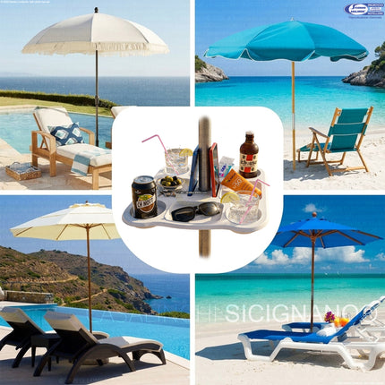 Due Esse Tavolino Vassoio per Ombrellone 37x37 cm – 8 Scomparti con Portabibite e Porta Smartphone, Foro Ø22-40 mm, Plastica Bianca per Spiaggia e Giardino Due Esse
