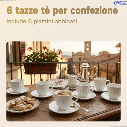 Set 6 Tazze da Tè con Piattino in Porcellana Bianca – 12 Pezzi, Design Rigato, Lavabili in Lavastoviglie Star
