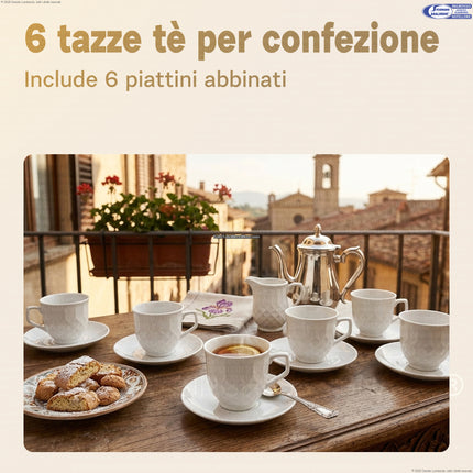 Set 6 Tazze da Tè con Piattino in Porcellana Bianca – 12 Pezzi, Design Testurizzato, Lavabili in Lavastoviglie Star