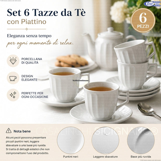 Set 6 Tazze da Tè con Piattino in Porcellana Bianca – 12 Pezzi, Design Rigato, Lavabili in Lavastoviglie Star