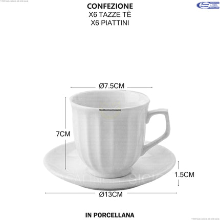Set 6 Tazze da Tè con Piattino in Porcellana Bianca – 12 Pezzi, Design Rigato, Lavabili in Lavastoviglie Star