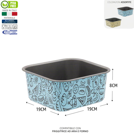 Teglia Quadra Alluminio Antiaderente Airfry, Colori Assortiti, Made in Italy, Compatibile con Friggitrice ad Aria e Forno 19 x 19 x 8h cm Accademia Mugnano