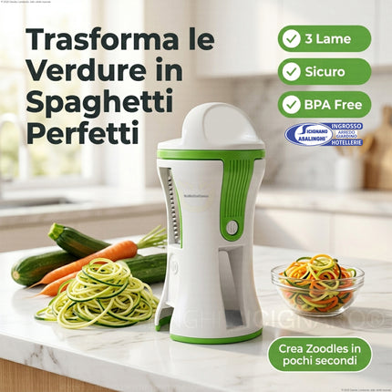 Kurly Plus Spiralizzatore Manuale 3 in 1 per Spaghetti di Verdure – Taglia Verdure Compatto con 3 Lame in Acciaio Inox e Tappo di Sicurezza Lit Gas