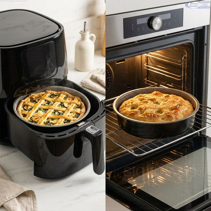 Crostata cotta nella tortiera tonda all'interno del cestello della friggitrice ad aria e torta lievitata nel forno tradizionale.