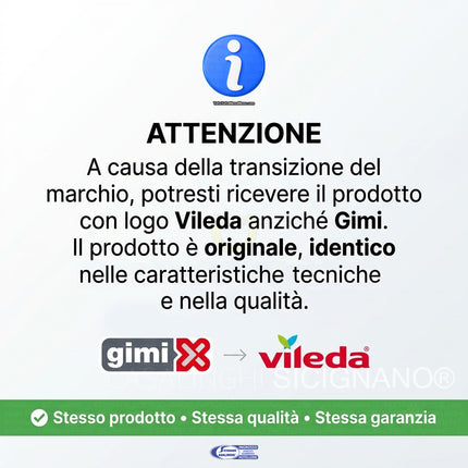 Avviso grafico che comunica il passaggio del marchio Gimi a Vileda, confermando che i prodotti con il nuovo logo mantengono la stessa qualità, caratteristiche tecniche e garanzia originali.