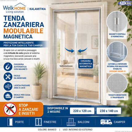 Zanzariera Magnetica WelkHOME Kalamitika | Tenda Auto-Chiudente per Porte e Balconi | Montaggio in 3 Minuti Senza Fori | Tessuto Bianco Alta Luce (120x220 cm / 140x230 cm) Due Esse
