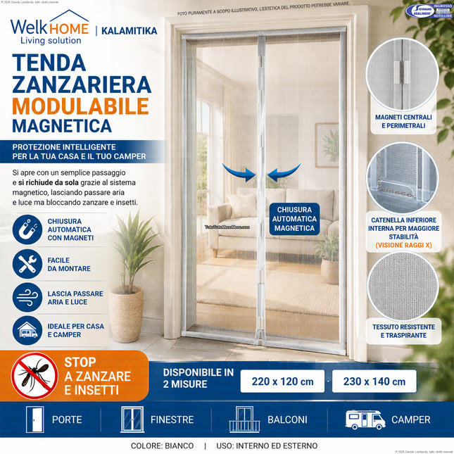 Zanzariera Magnetica Kalamitika 120x220 / 140x230 + Spazzola Zanzanetto 2 in 1 – Kit Completo Protezione e Pulizia Zanzariere Due Esse