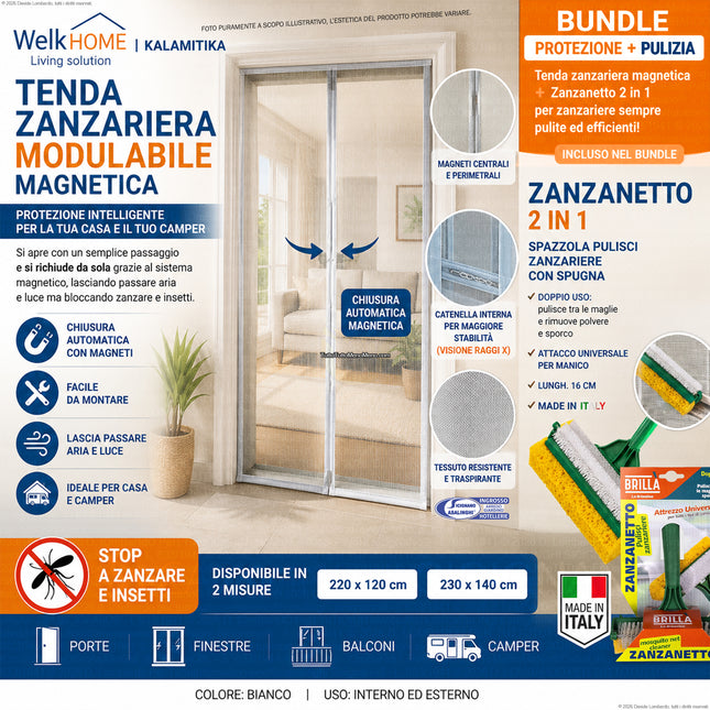 Zanzariera Magnetica Kalamitika 120x220 / 140x230 + Spazzola Zanzanetto 2 in 1 – Kit Completo Protezione e Pulizia Zanzariere Due Esse