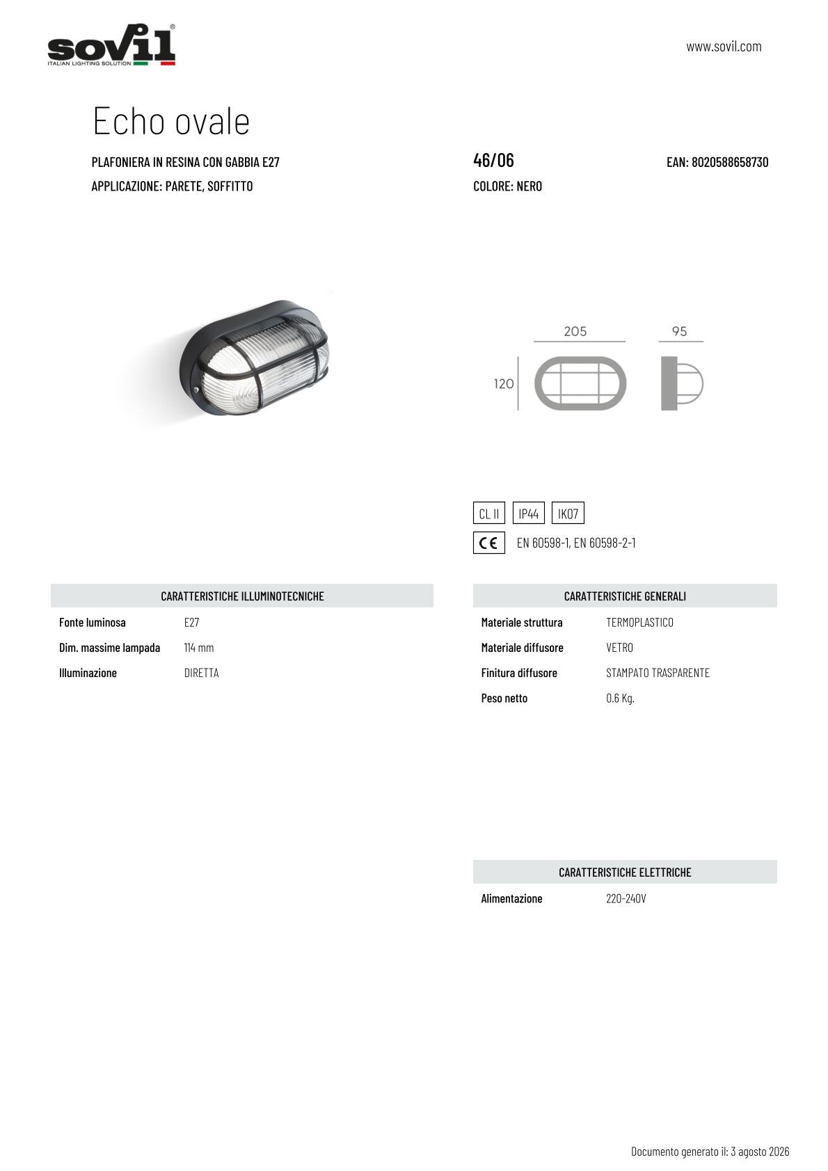 Plafoniera ECHO OVALE in Resina con Gabbia – E27, IP44, disponibile in Bianco e Nero! Nero Sovil