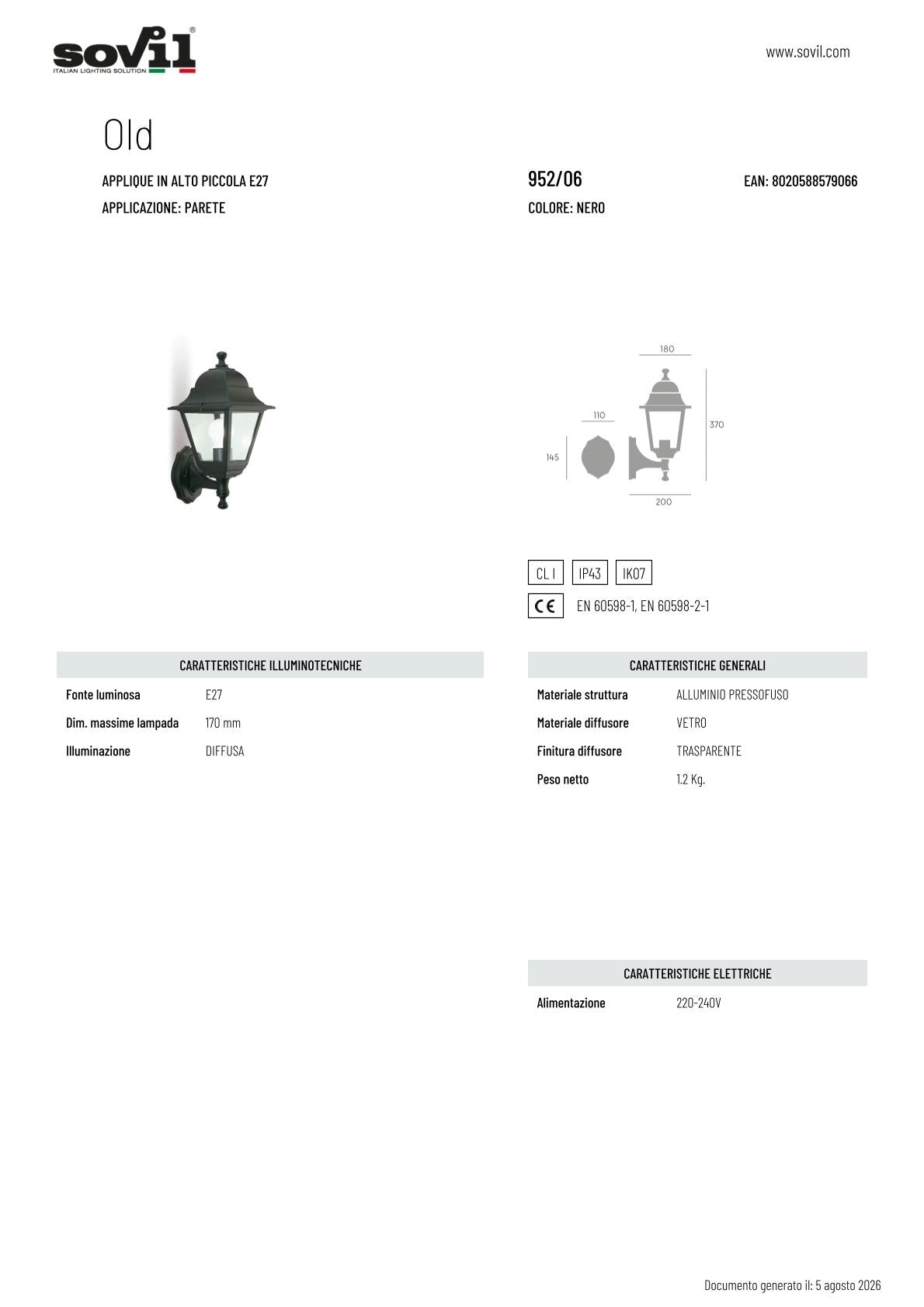 Applique da Esterno OLD – Versione Media o Piccola, E27, Nero e IP43! Piccola Sovil