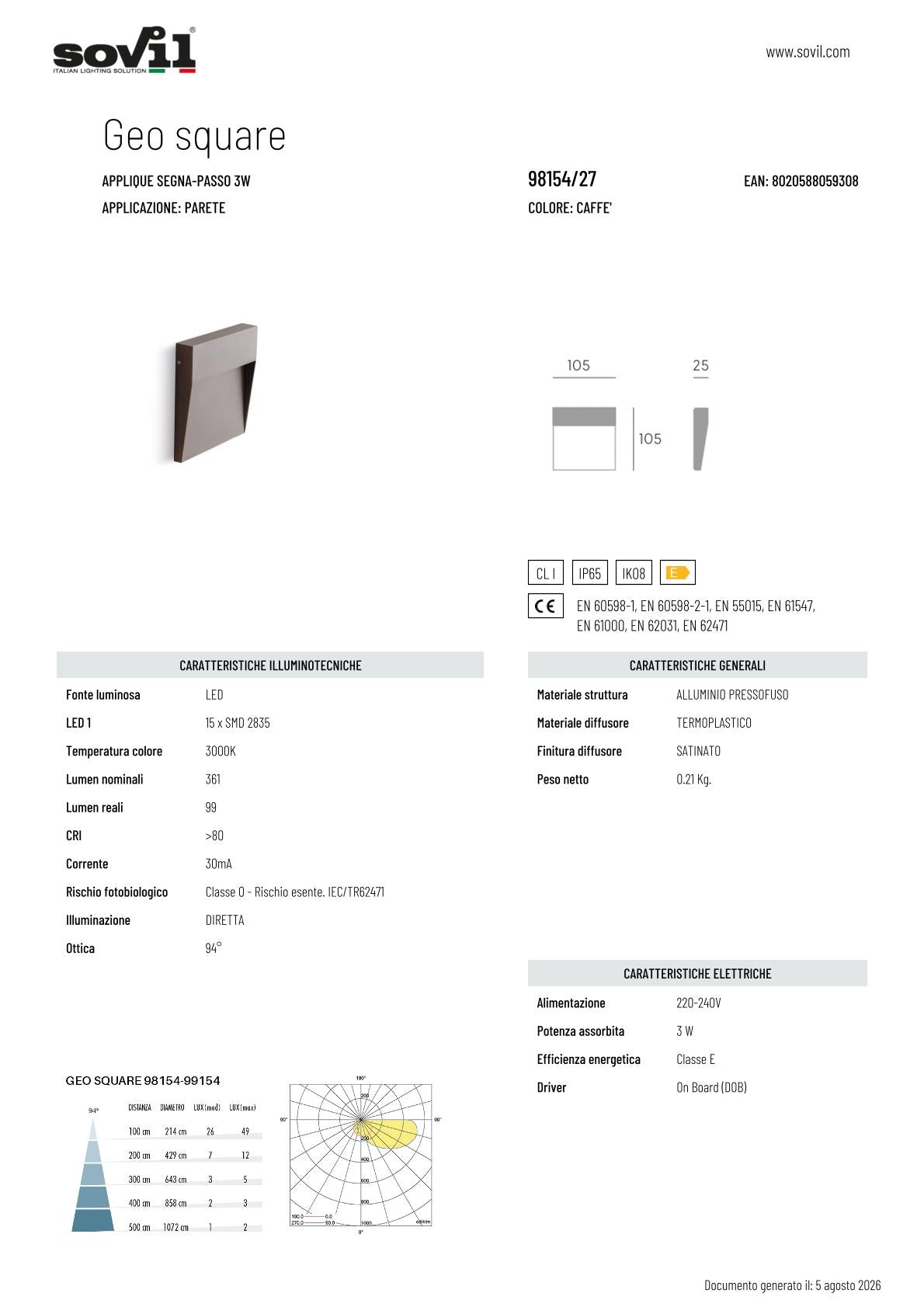 Applique da Esterno GEO SQUARE LED 3W – IP65, Bianco o Caffè, Installazione Senza Scasso! Caffè (3000K) Sovil