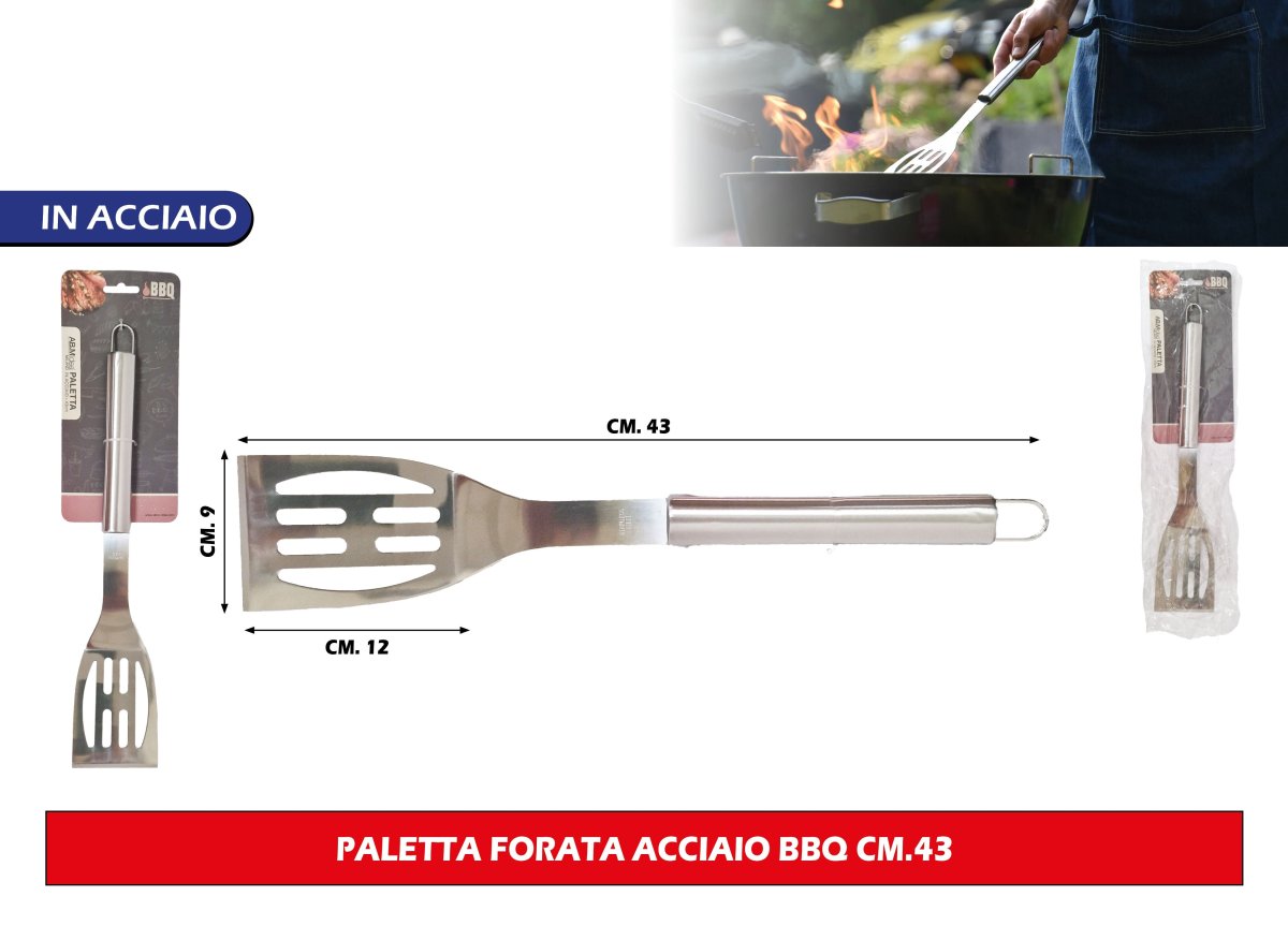 Paletta Forata Barbecue Acciaio 43 cm - Gira Carne con Controllo AB.M Milano