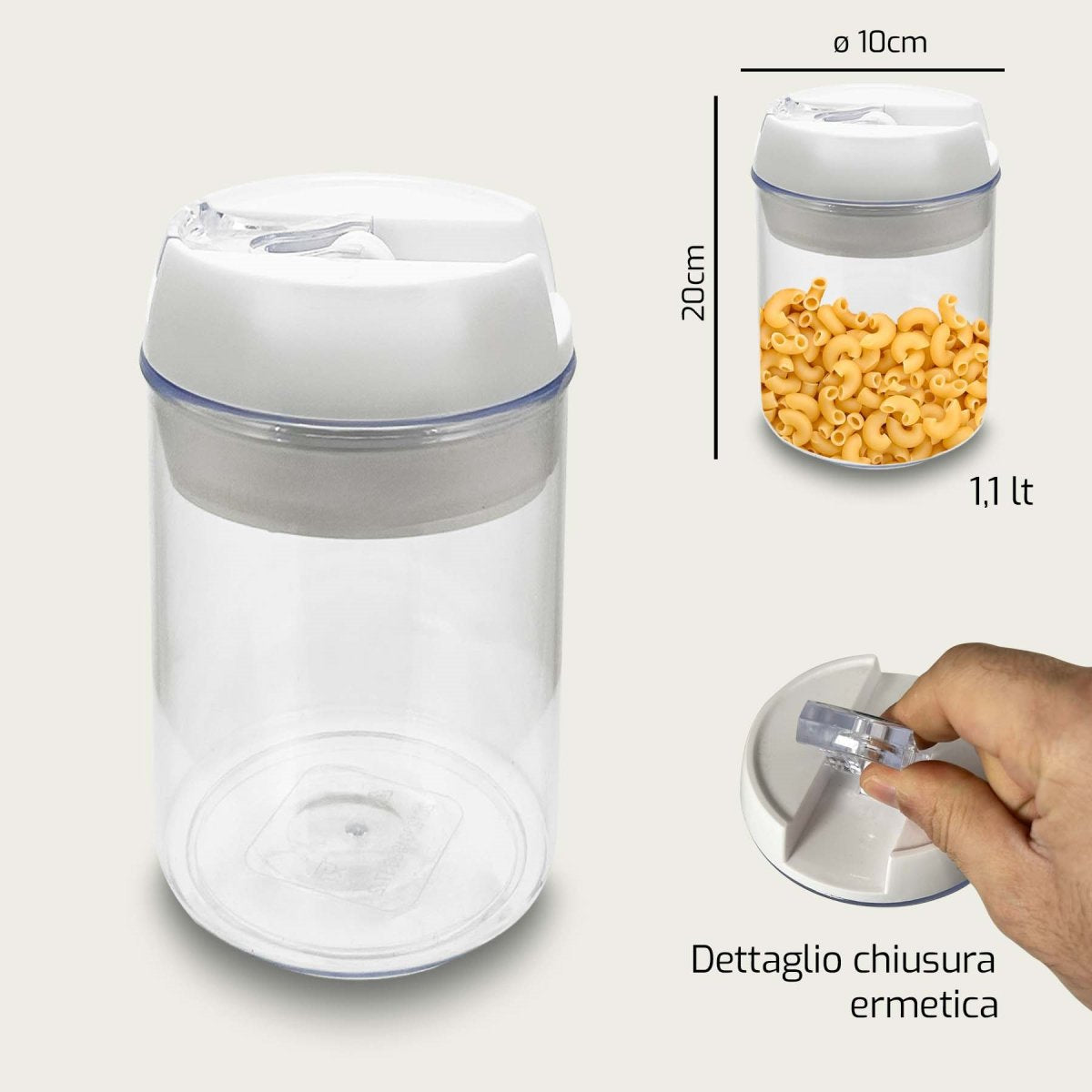 Barattoli Ermetici Rotondi in Plastica Trasparente – 3 Capienze per Conservare al Meglio! 1.1 L Arca