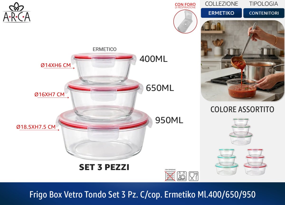 Set 3 Contenitori Vetro Ermetici Meal Prep – Frigo Box Forno Freezer Tondo Arca