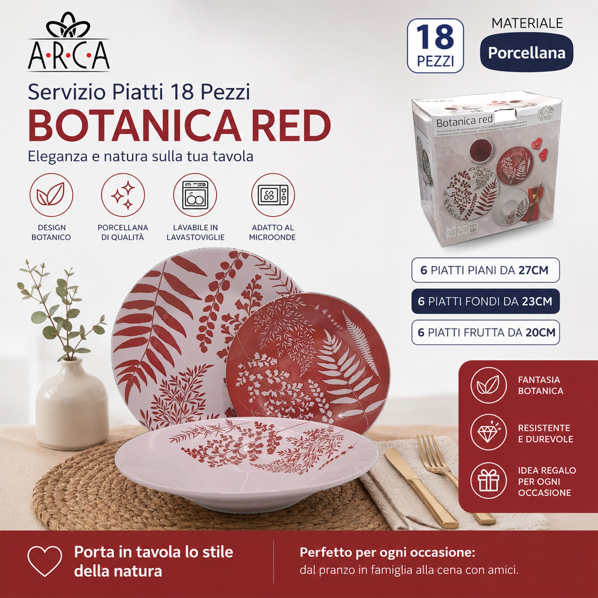 Arca Piatti Servizio 18 Pz. Botanica Red Arca