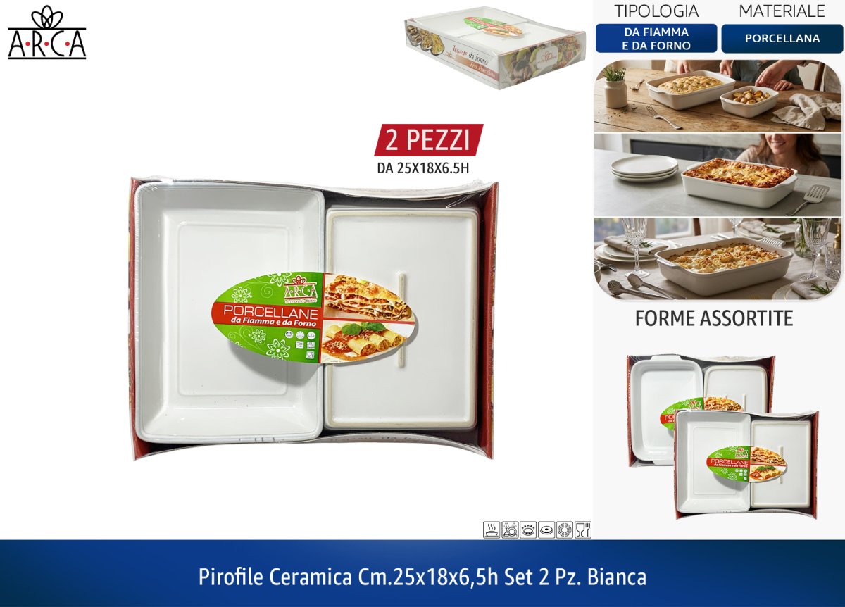 Piroteca in Ceramica Bianca – Set 2 Pezzi + Formati Singoli, Versatili e Resistenti! 25 x 18 x 6.5h cm (2pz) Arca