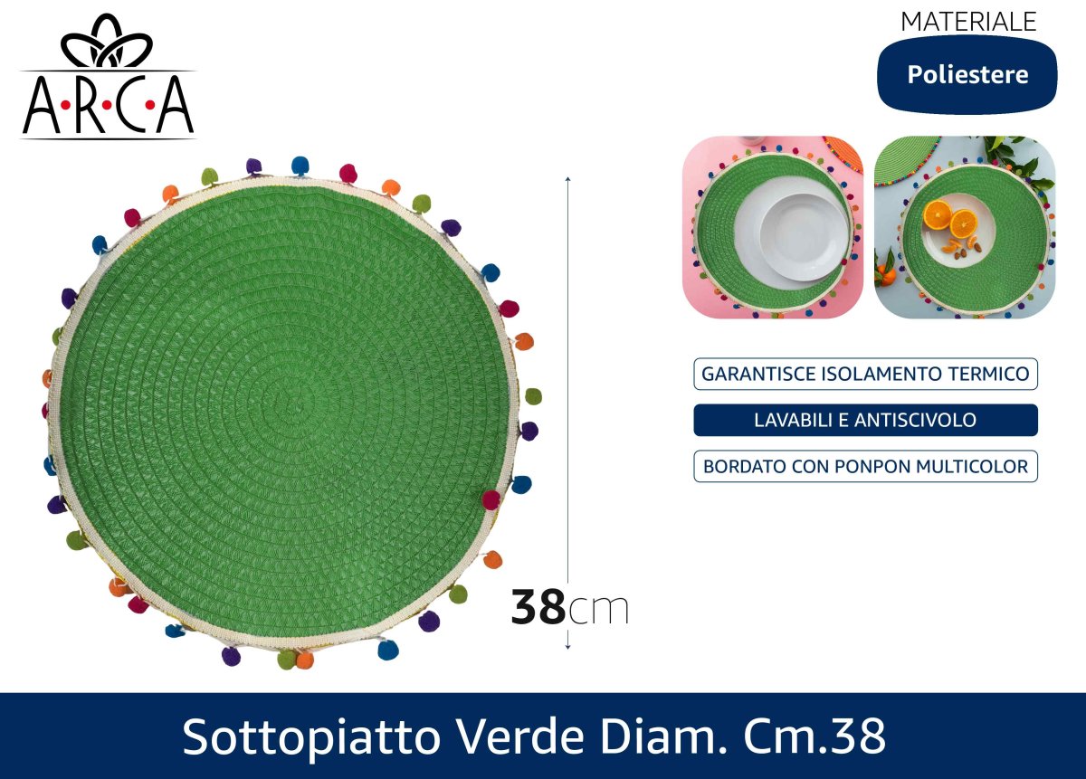 Arca Sottopiatto in Poliestere Antiscivolo Ø 38 cm | Verde, Blu, Giallo Verde Arca