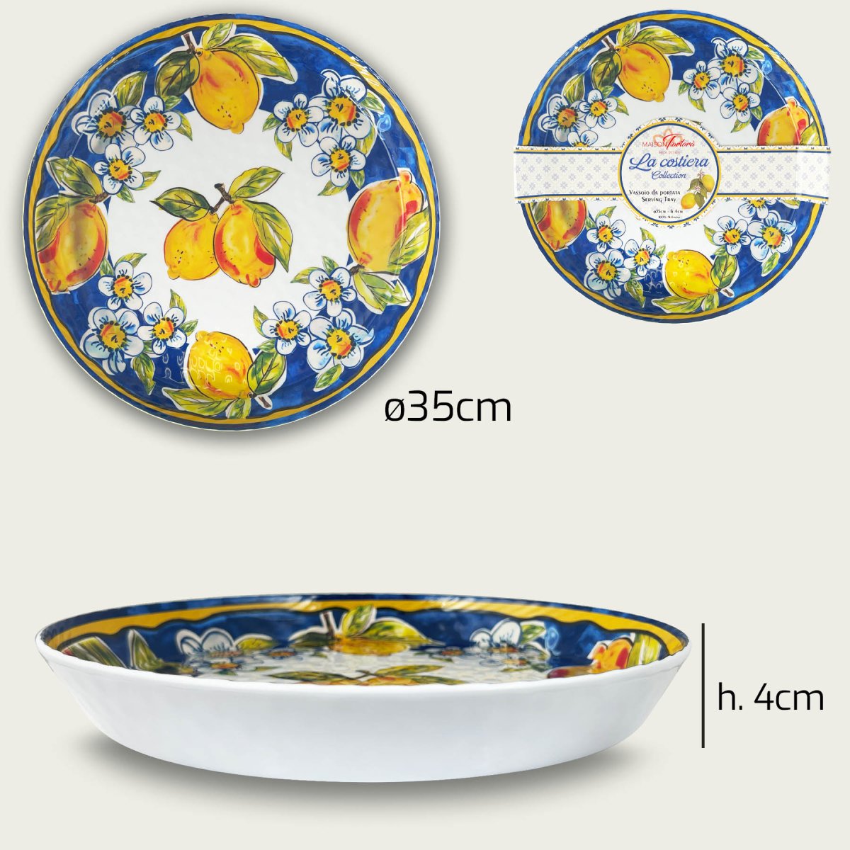 Piatto da Portata Melamina Infrangibile Sottopiatto Design Limoni Costiera 35cm Ø 35 x 4h Arca