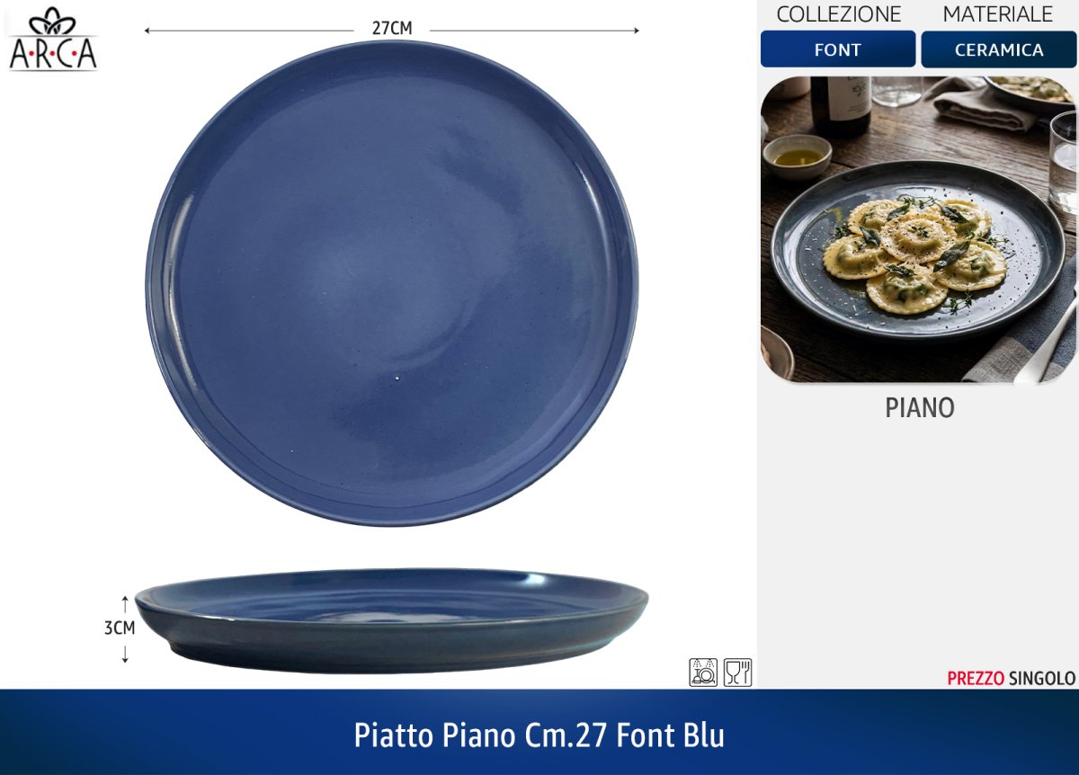 Set Piatti Font 18 Pezzi in Ceramica Colorati | Servizio Piatti Moderni da Tavola per 6 Persone | Disponibile Singolo o in Set (Blu, Tortora, Acqua Marina) Blu Piatto Piano CM.27 Arca