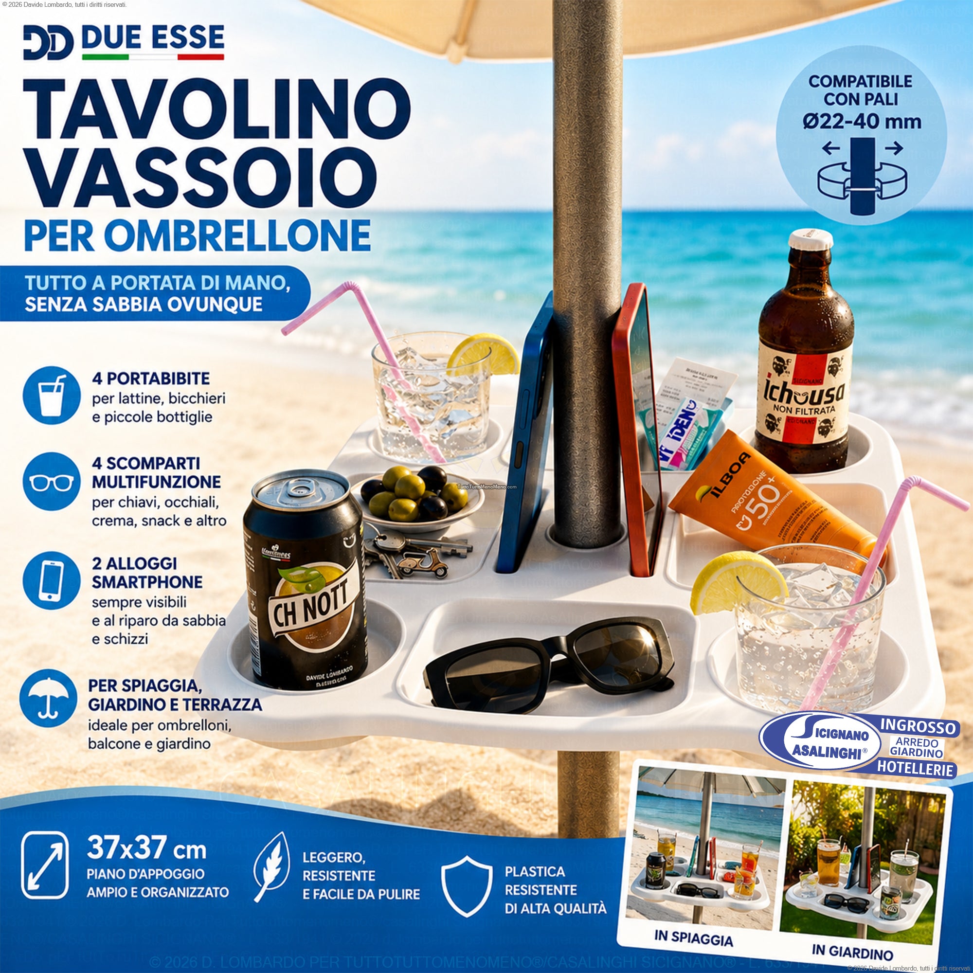 Due Esse Tavolino Vassoio per Ombrellone 37x37 cm – 8 Scomparti con Portabibite e Porta Smartphone, Foro Ø22-40 mm, Plastica Bianca per Spiaggia e Giardino Due Esse