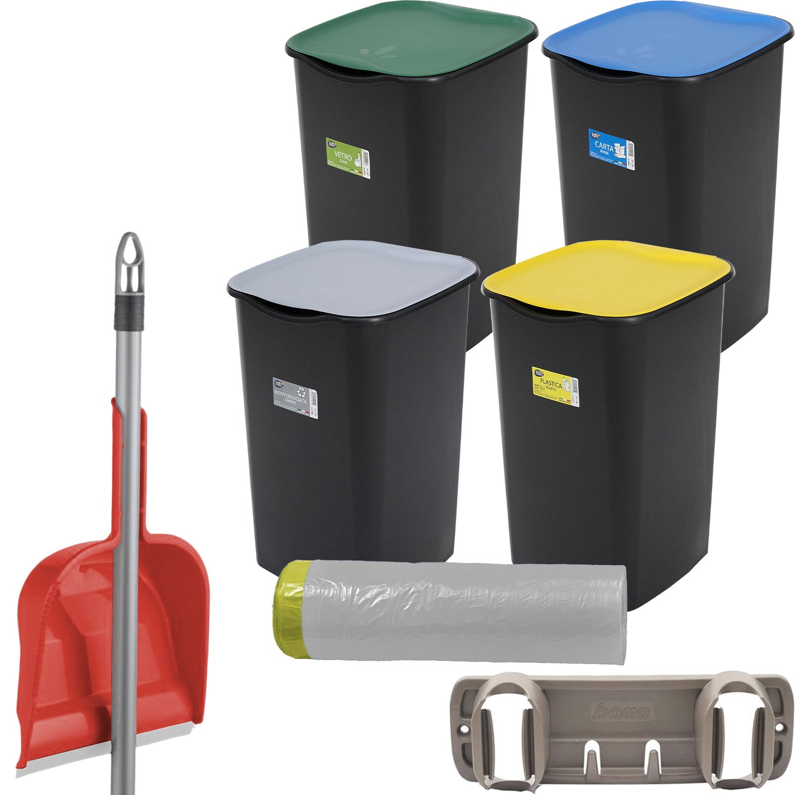 Set Pattumiere Riciclo con Coperchio Raccolta Differenziata Carta Vetro Plastica Indifferenziata 50 Litri, 15 Sacchetti, con Paletta e Appendiscope Colori Assortiti Neutro Set 4 Bidoni Belli & Forti