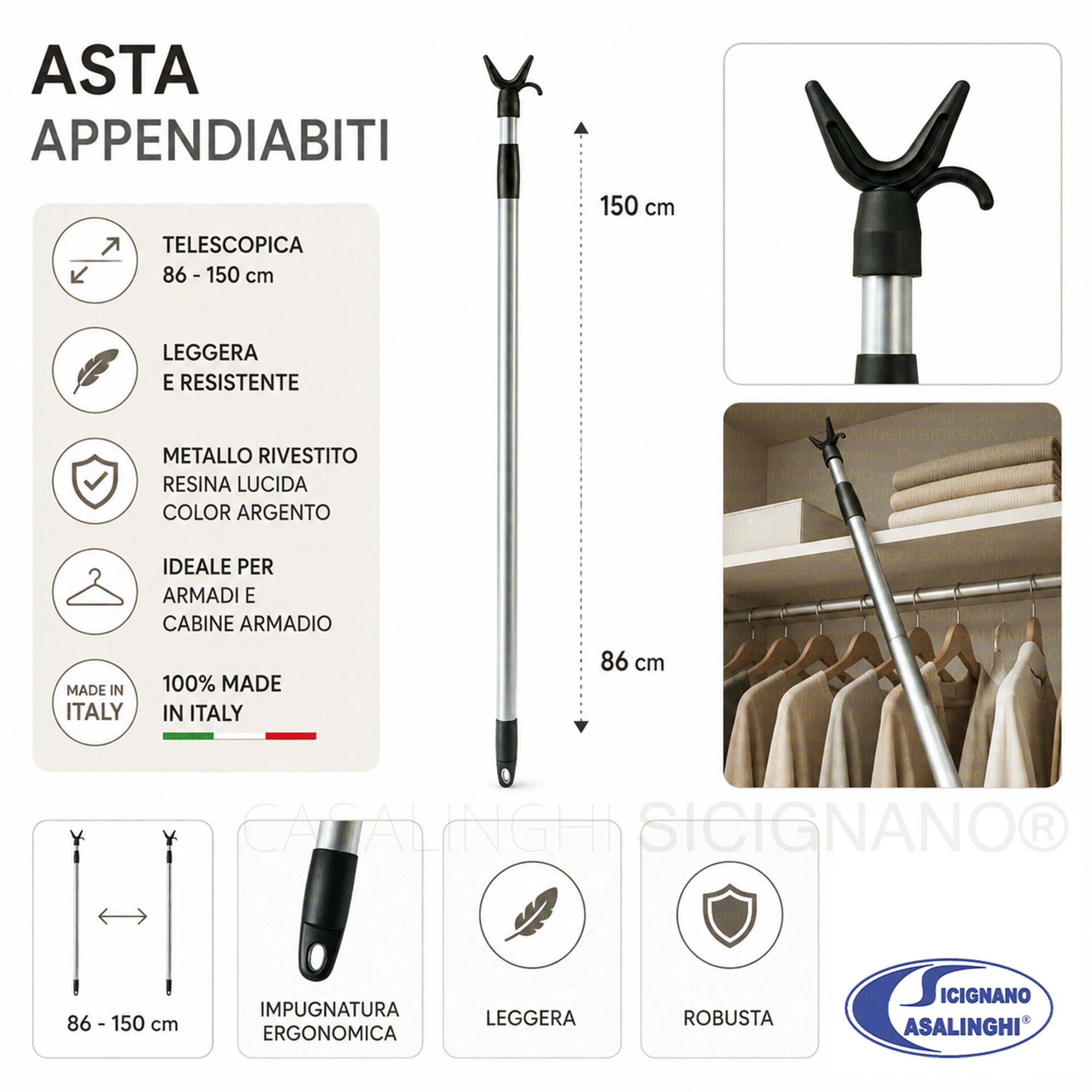 Bama Asta Appendiabiti Telescopica 150 cm | Leggera e Resistente per Armadi Alti Bama