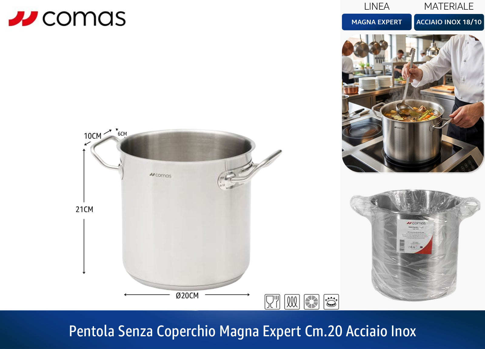 Pentola Alta in Acciaio Inox Magna Expert – Ideale per Grandi Preparazioni Ø20cm x H21.5cm Comas