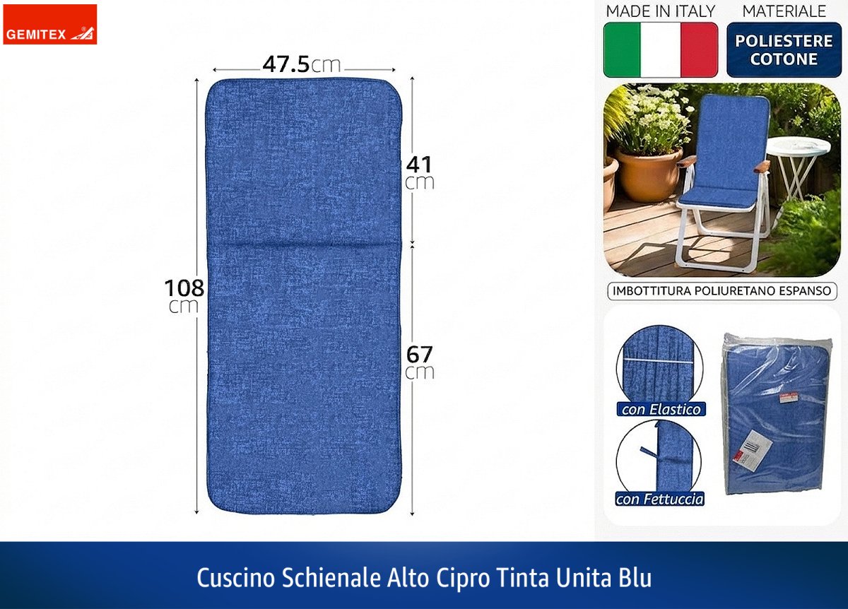 Cuscino Schienale Alto Cipro | Poliestere/Cotone, Seduta 47.5x41 cm, Schienale 67cm, Made in Italy | Colori Blu e Beige Blu Gemitex