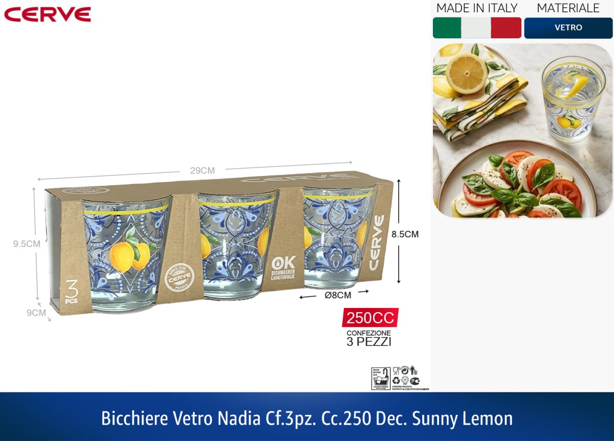 Cerve Set 3 Bicchieri Vetro Nadia 250 cc Sunny Lemon – Decorati Limoni Blu e Giallo, Made in Italy, Lavabili in Lavastoviglie Cerve