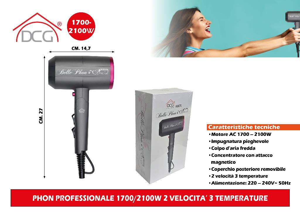DCG Phon Professionale 1700/2100W 2 Velocita' 3 Temperature DCG