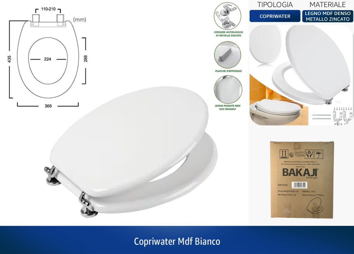 Copriwater Legno MDF e Metallo Zincato Bianco 43,5 x 36,6 cm Bakaji