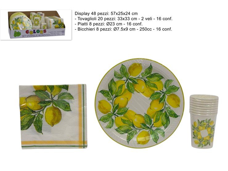 Set Tavola Monouso 48 Pezzi Decoro Limoni – Kit Completo (Piatti, Bicchieri, Tovaglioli) per Feste e Buffet senza Pensieri Due Esse